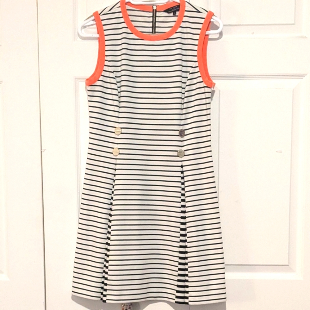 Ted Baker 60s Mod Style Dress - Black Stripes with Orange Accents